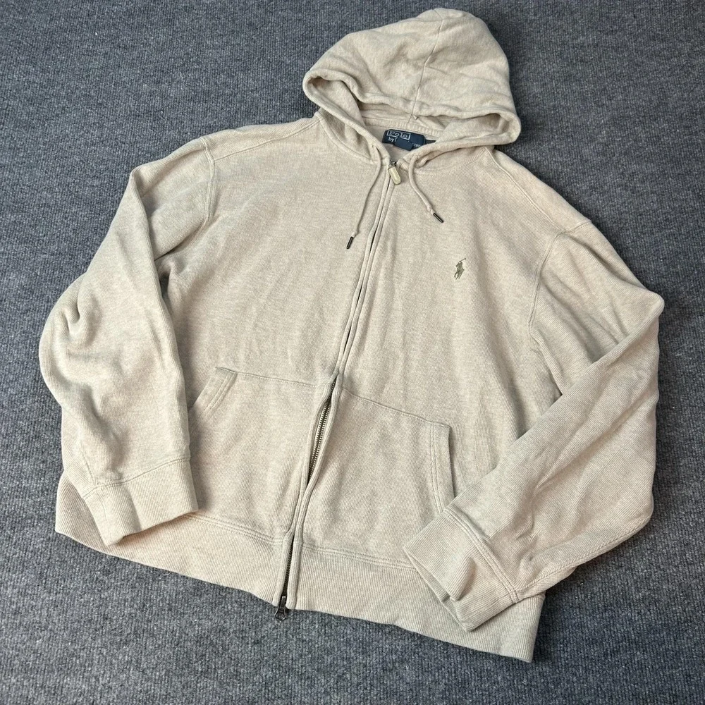 Polo Ralph Lauren Hoodie Mens XL Beige Full Zip Cotton Knit Pony Logo Sweatshirt